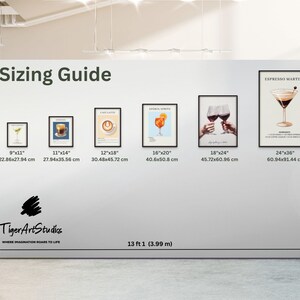 May include: Sizing guide for art prints with different sizes and dimensions. The prints feature various beverages, including cocktails, coffee, and Aperol Spritz. The sizes are listed in inches and centimeters. The guide is displayed on a white wall with a black frame around each print.