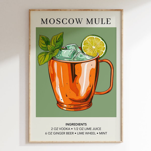 Moscow Mule Kunstdruck | Bar Cart Decor Cocktail Poster | Party Signature Drink Zeichen | Trendige Wand | Minimalist Elegant Sophisticated Retro