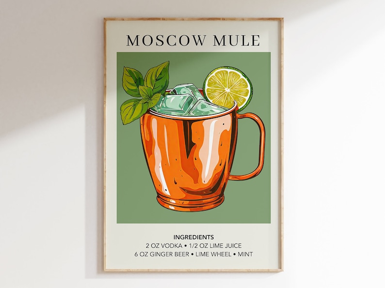 May include: A printable poster with a graphic illustration of a Moscow Mule cocktail in a copper mug with a lime wedge, mint leaves, and ice. The poster has the text "Moscow Mule" and "Ingredients: 2 oz vodka, 1/2 oz lime juice, 6 oz ginger beer, lime wheel, mint".