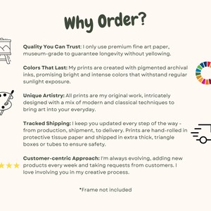 May include: Why Order?  A graphic with a list of reasons to order prints.  The graphic includes icons of a picture frame, a paint palette, a delivery truck, and a five-star rating.  The text includes: Quality You Can Trust, Colors That Last, Unique Artistry, Tracked Shipping, Customer-centric Approach, and *Frame not included.