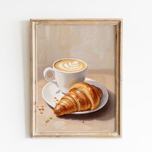 Croissant and Latte Fine Art Print: Breakfast Coffee Food Modern Still Life Oil Painting, Kitchen Wall Decor, Gift for Her