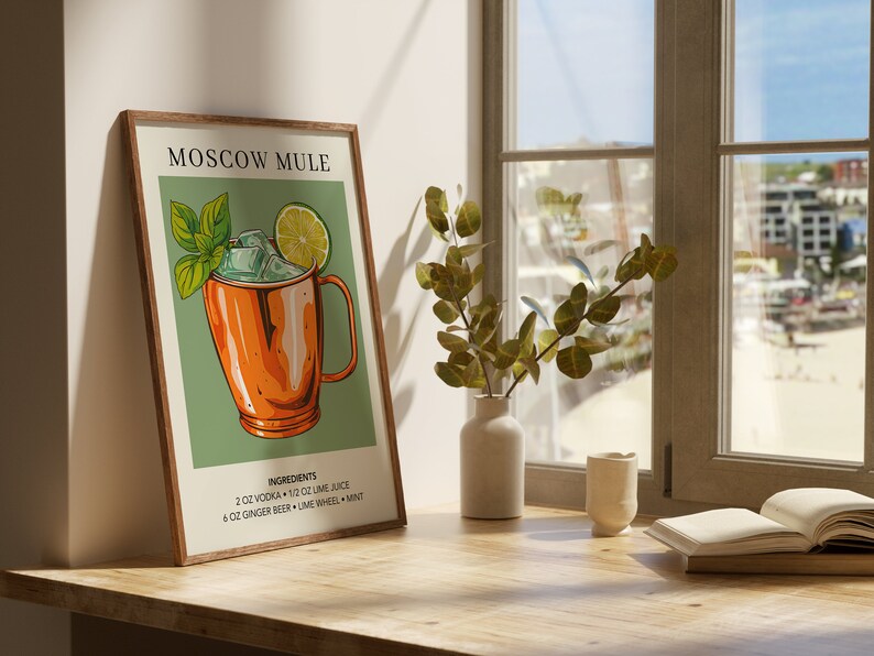May include: A printable poster with a vintage illustration of a Moscow Mule cocktail in a copper mug. The poster has a green background and includes the ingredients: 2 oz vodka, 1/2 oz lime juice, 6 oz ginger beer, lime wheel, and mint.