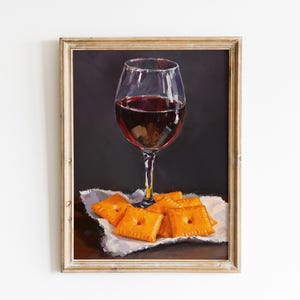 Red Wine and Cheese Crackers Art Print: Funny Statement Piece Modern Still Life Oil Painting, Food and Cocktail Bar Cart Decor, Gift for Her