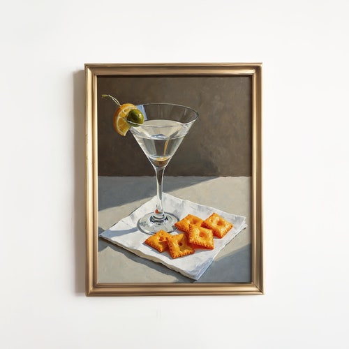 Martini and Cheese Crackers Print | Cute Quirky Whimsical | Cocktail Art Bar Cart Decor | Elegant Oil Painting Gift | Trendy Kitchen Wall
