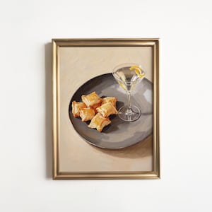Mini Pizza Pockets and Martini Art Print: Funny Frozen Snack Food Conversation Piece, Vintage Style Still Life Oil Painting, Framed Canvas
