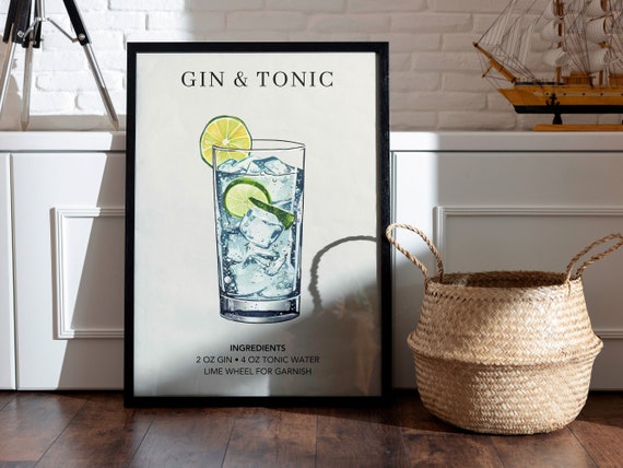 Gin Tonic Art Print | Bar Cart Decor | Cocktail Art Poster | Mixology Gift | Alcohol Sign Bar | Watercolor Retro Signature Drink Poster