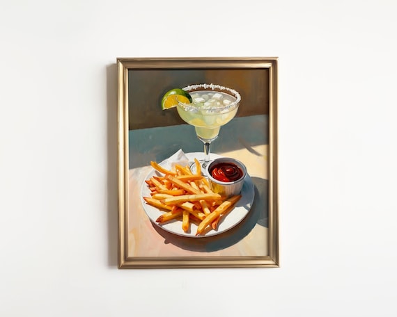 Margarita and French Fries Print | Funny Demure Mindful Quirky | Cocktail Art Bar Cart Decor | Oil Painting Gift | Dorm Home Wall