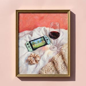 Cozy Gaming Oil Painting Print: Pastel Handheld Console and Wine Glass, Island Village Game