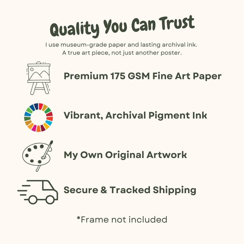 May include: Quality You Can Trust: A graphic with four icons representing the quality of the product. The icons are a picture frame, a color wheel, a paint palette, and a delivery truck. The text below each icon describes the quality of the product: Premium 175 GSM Fine Art Paper, Vibrant, Archival Pigment Ink, My Own Original Artwork, Secure & Tracked Shipping. The text at the bottom of the graphic says *Frame not included.