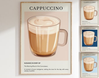 Cappuccino Coffee Print | Italian Espresso Kitchen Cart Art Poster | Watercolor Retro Drink Sign | Bar Food Wall Art | Housewarming Gift