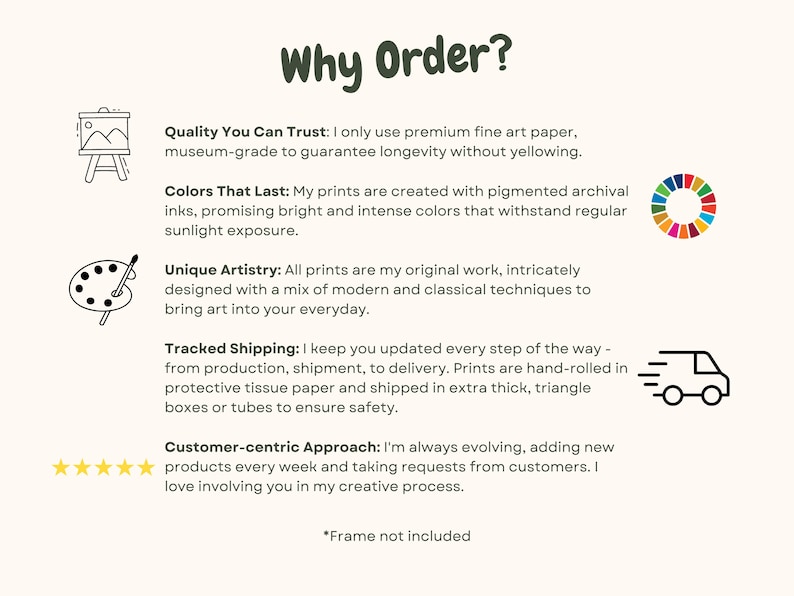 Puede incluir: Why Order? Un gr&aacute;fico con una lista de razones para pedir impresiones. El gr&aacute;fico incluye iconos de un marco de imagen, una paleta de pintura, un cami&oacute;n de reparto y una calificaci&oacute;n de cinco estrellas. El texto incluye: Calidad en la que puedes confiar, Colores que duran, Artistry &uacute;nico, Env&iacute;o rastreado, Enfoque centrado en el cliente, y *Marco no incluido.