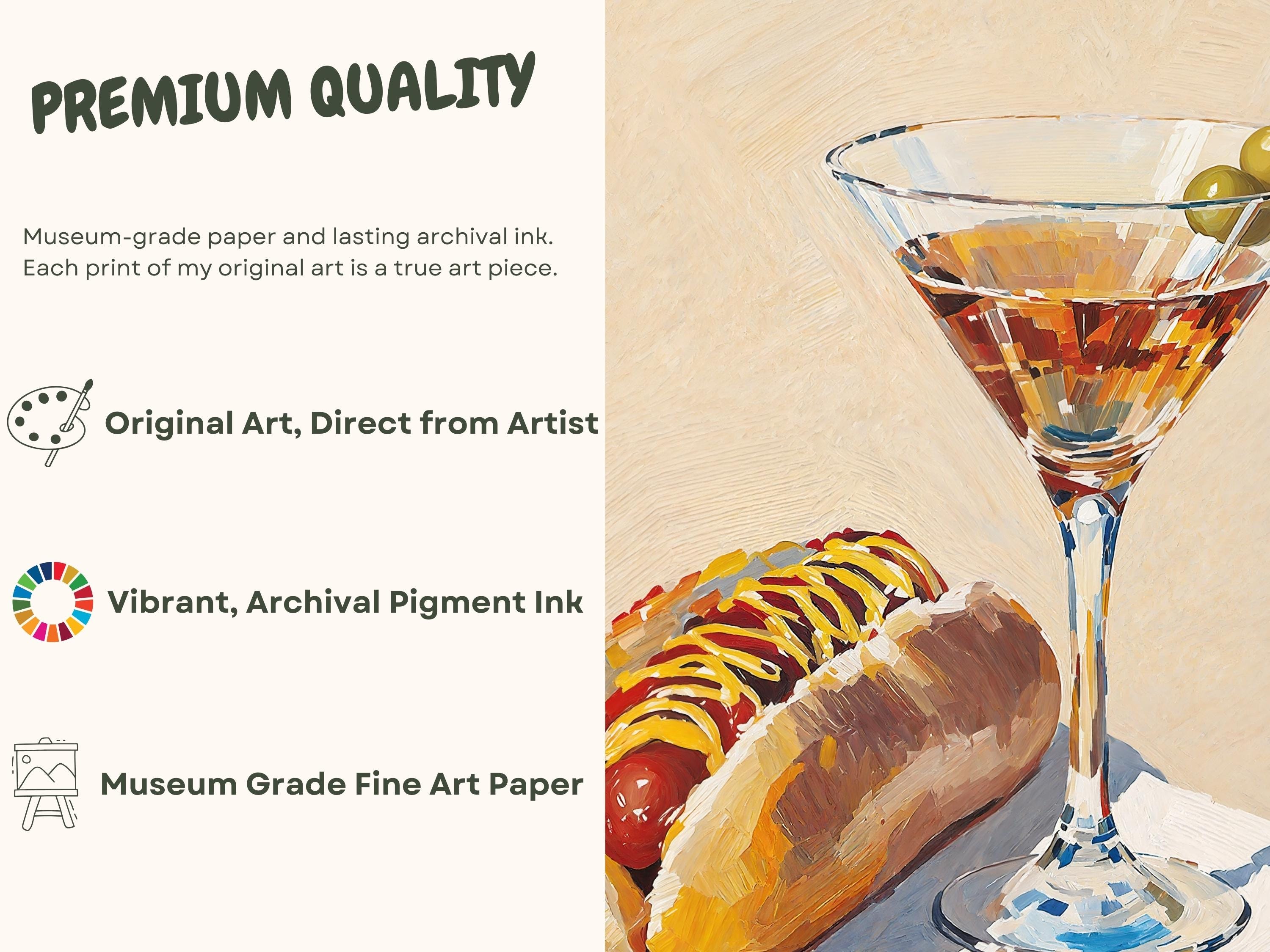 Hot Dog and Dirty Martini Print: Conversation Piece Still Life Artwork, Food and Drink Funny Art, Gift for Housewarming, Cocktail Cart Decor
