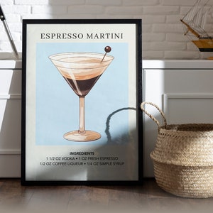 Espresso Martini Art Print Bar Cart Decor Cocktail Poster Party Signature Drink Sign Trendy Wall Minimalist Elegant Sophisticated B. Blue highlight