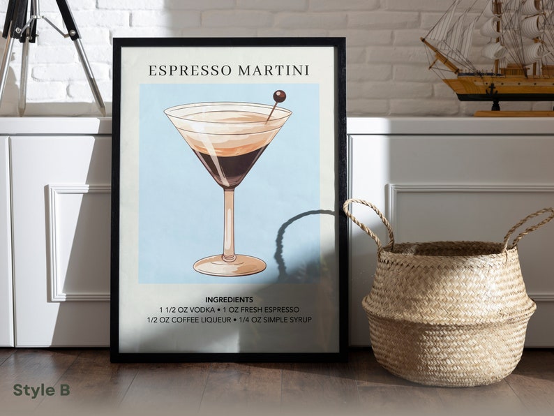 Espresso Martini Art Print Bar Cart Decor Cocktail Poster Party Signature Drink Sign Trendy Wall Minimalist Elegant Sophisticated B. Blue highlight