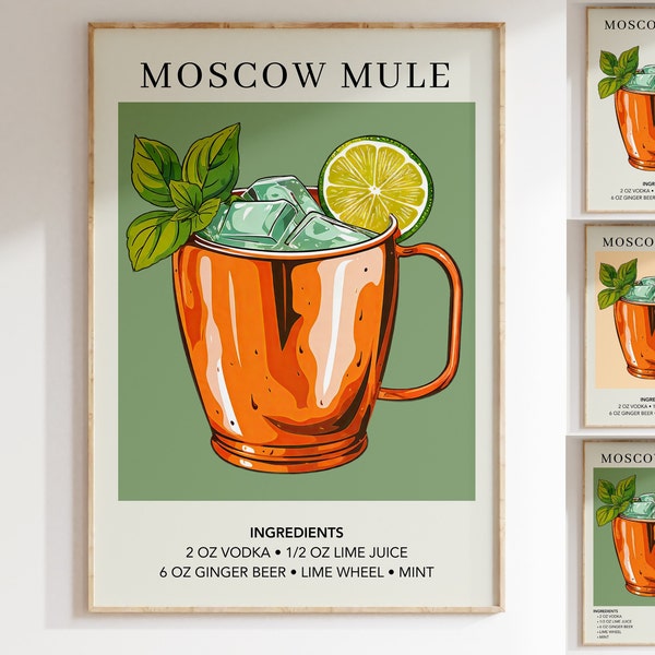 Moscow Mule Art Print | Bar Cart Decor | Kitchen Cocktail Art Poster | Mixology Gift for Her | Alcohol Sign Bar | Watercolor Retro Drink