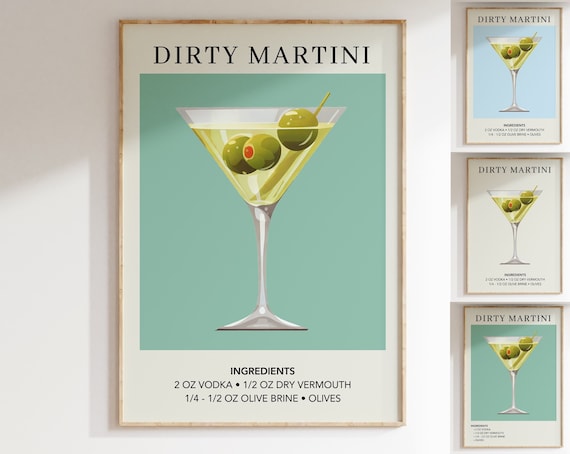 Dirty Martini Art Print | Bar Cart Decor | Cocktail Art Poster | Mixology Gift Painting | Alcohol Sign Bar | Watercolor Retro Drink Poster