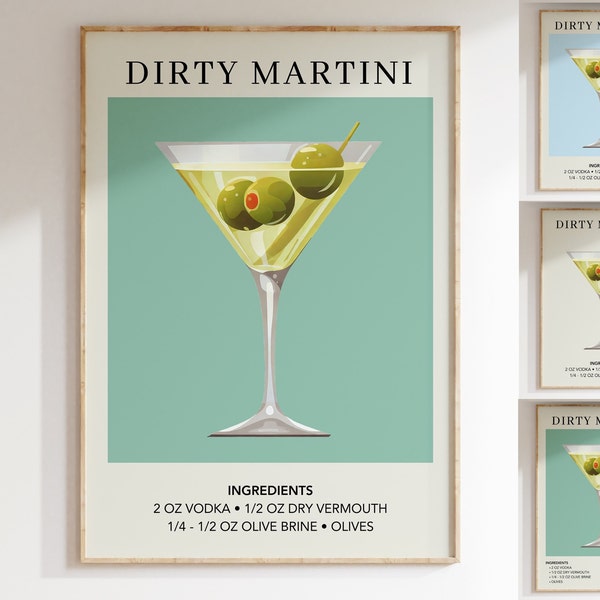 Dirty Martini Art Print | Bar Cart Decor | Cocktail Art Poster | Mixology Gift Painting | Alcohol Sign Bar | Watercolor Retro Drink Poster