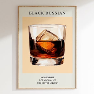 Black Russian Cocktail Art Print | Bar Cart Decor Poster | Party Signature Drink Sign | Trendy Wall | Minimalist Elegant Sophisticated Retro