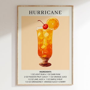 Hurricane Cocktail Art Print Bar Cart Decor | Party Signature Drink Sign | Trendy Wall Poster | Minimalist Elegant Sophisticated Retro