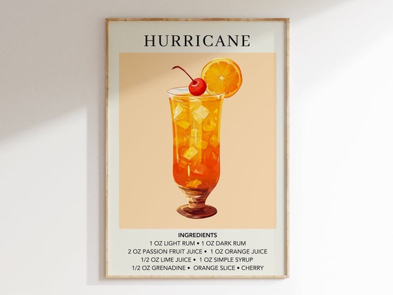 Hurricane Cocktail Art Print Bar Cart Decor | Party Signature Drink Sign | Trendy Wall Poster | Minimalist Elegant Sophisticated Retro