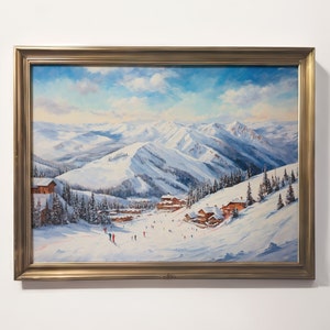 Ski Resort Landscape Print | Christmas Winter Holiday Decor | Mountain Evergreen Trees Art | Snowy Painting | Rustic Vintage Nature Oil