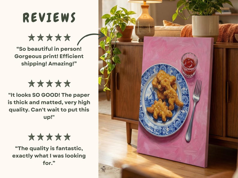 Dino Nugget & Fine China Oil Painting Art Print: Funny Kitchen Decor, Blue and White Delft, Dopamine Decor Bild 2