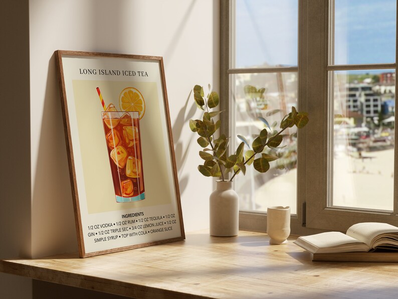 May include: A vintage-style poster with a recipe for a Long Island Iced Tea cocktail. The poster features a glass of iced tea with a lemon wedge and a straw, along with the ingredients listed below. The ingredients include vodka, rum, tequila, gin, triple sec, lemon juice, simple syrup, cola, and orange slice.