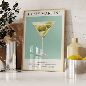 Puede incluir: Un p&oacute;ster de estilo vintage con fondo verde azulado que muestra una copa de martini con aceitunas y el texto "DIRTY MARTINI". El p&oacute;ster tambi&eacute;n incluye los ingredientes del c&oacute;ctel: 60 ml de vodka, 15 ml de vermut seco, 15-30 ml de salmuera de aceitunas y aceitunas.