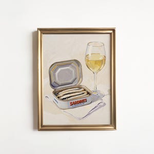 Sardines and White Wine Canvas Print: Tinned Fish Oil Painting Wall Art Decor, Cocktail Bar Cart Gift, Vintage Tin Retro