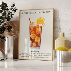 K&ouml;nnte beinhalten: Eine gerahmte Illustration eines Long Island Iced Tea Cocktail-Rezepts. Die Illustration zeigt ein Glas mit Eistee, garniert mit einer Orangenscheibe und einem Strohhalm. Das Rezept enth&auml;lt die Zutaten und Mengenangaben f&uuml;r den Cocktail.