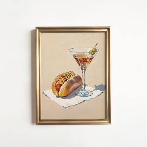 Hot Dog and Dirty Martini Print: Conversation Piece Still Life Artwork, Food and Drink Funny Art, Gift for Housewarming, Cocktail Cart Decor