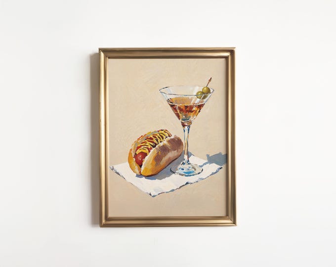Hot Dog and Dirty Martini Print: Conversation Piece Still Life Artwork, Food and Drink Funny Art, Gift for Housewarming, Cocktail Cart Decor