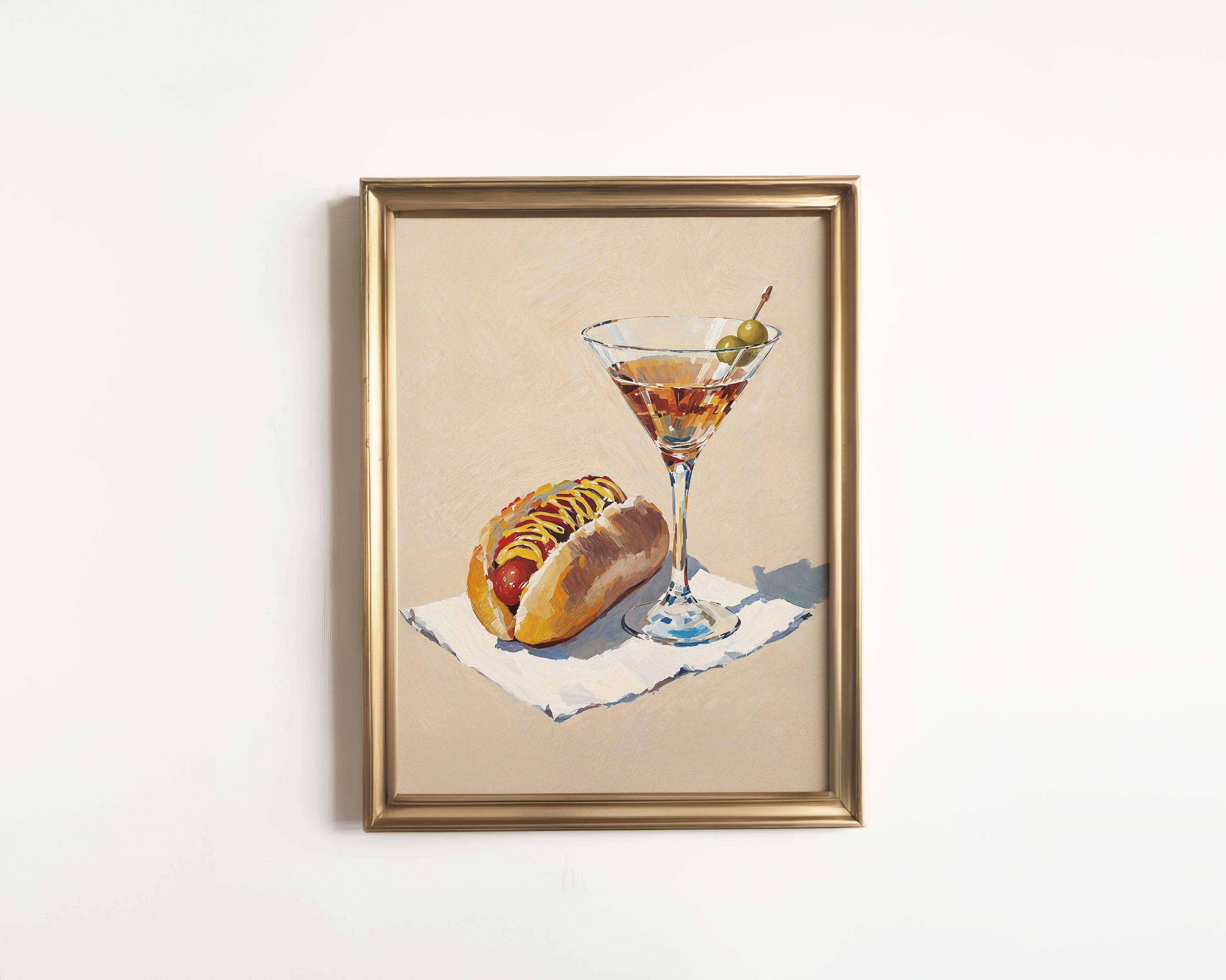Hot Dog and Dirty Martini Print: Conversation Piece Still Life Artwork, Food and Drink Funny Art, Gift for Housewarming, Cocktail Cart Decor