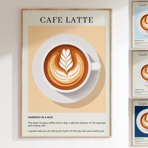 Cafe Latte Print | Coffee Espresso Kitchen Cart Art Poster | Włoski akwarelowy znak retro z napojami | Bar Food Wall Art | Prezent na parapetówkę