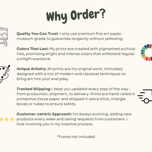May include: Why Order?  A graphic with text describing the quality of the art prints, the archival inks used, the artist's unique style, the shipping process, and the customer-centric approach.  The text is accompanied by icons representing a picture frame, a color wheel, a paint palette, a delivery truck, and five stars.