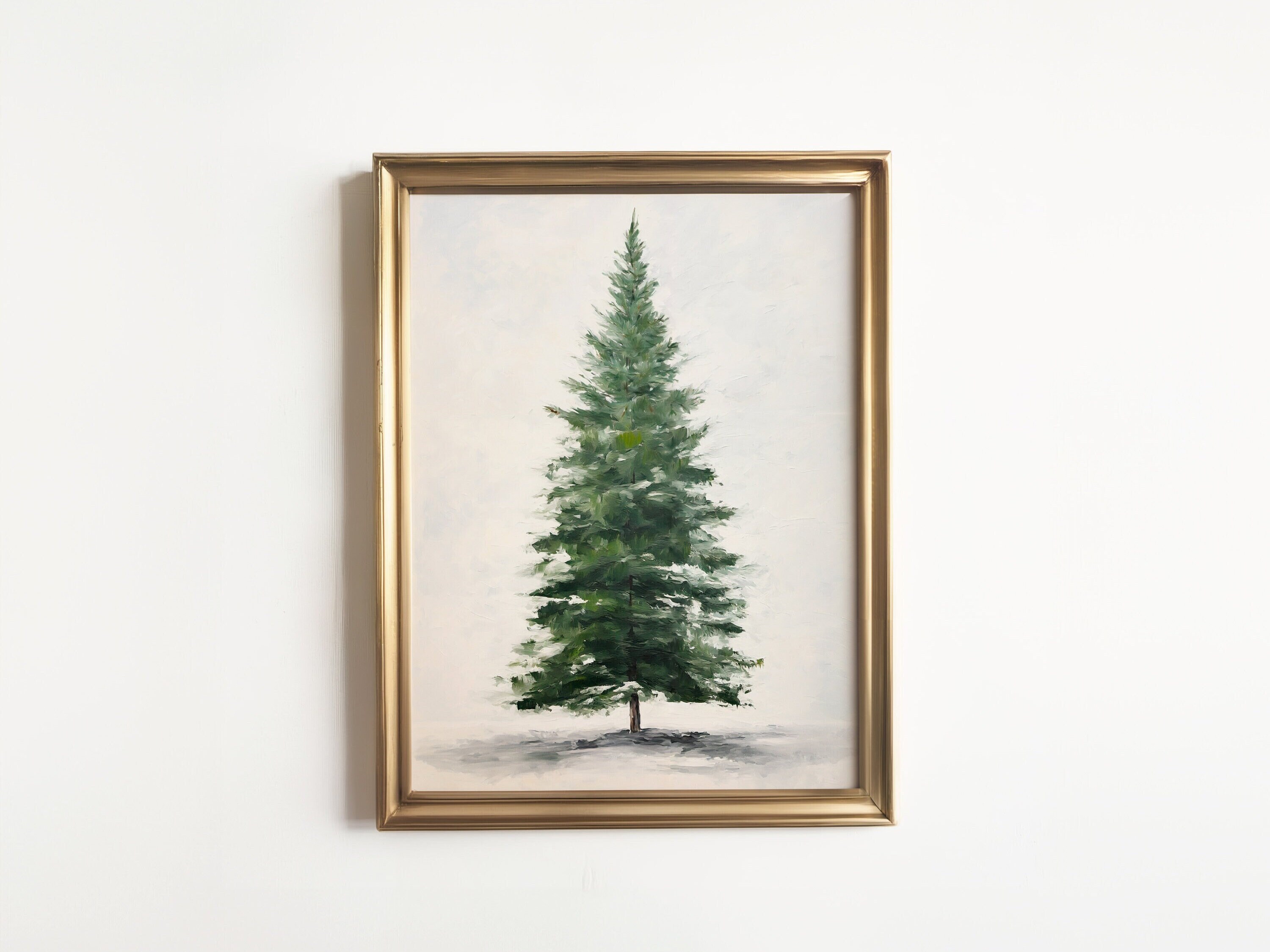 Christmas Tree Print |  Evergreen Winter Holiday Decor | Pine Snowy Landscape Painting | Farmhouse Rustic Vintage Nature Oil Paint
