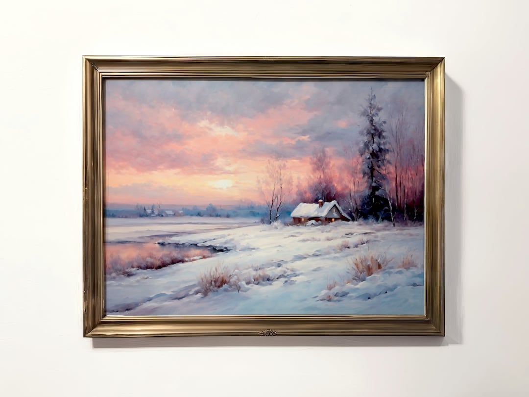 Snowy Winter Cabin Landscape Print | Christmas Holiday Decor | Rustic ...