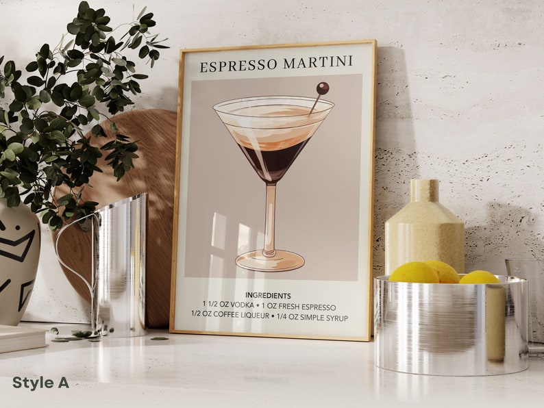 Espresso Martini Art Print Bar Cart Decor Cocktail Poster Party Signature Drink Sign Trendy Wall Minimalist Elegant Sophisticated A. Brown highlight