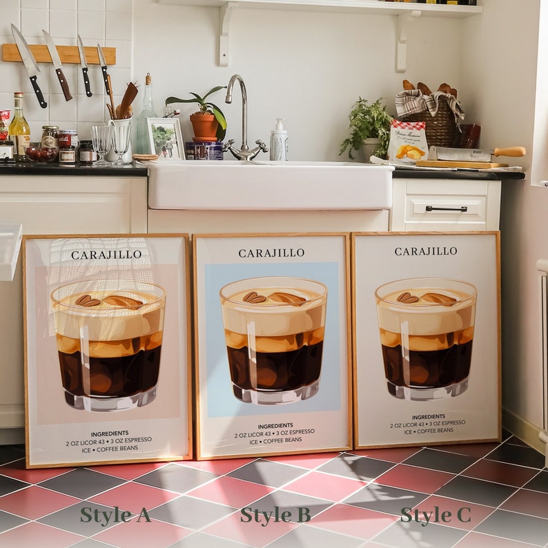 May include: Three printable posters with a minimalist design featuring a glass of Carajillo, a coffee cocktail. The posters have a light blue, light pink, and white background. The text on the posters reads "Carajillo" and lists the ingredients: 2 oz Licor 43, 3 oz Espresso, Ice, Coffee Beans.