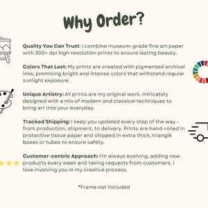 May include: Why Order?  A graphic with text describing the quality, colors, artistry, shipping, and customer service of the prints.  The graphic includes a picture of a framed print, a color wheel, a paint palette, a delivery truck, and five stars.