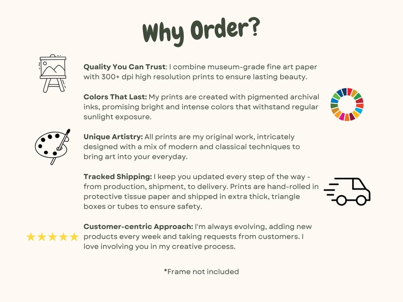 May include: Why Order?  A graphic with text describing the quality, colors, artistry, shipping, and customer service of the prints.  The graphic includes a picture of a framed print, a color wheel, a paint palette, a delivery truck, and five stars.