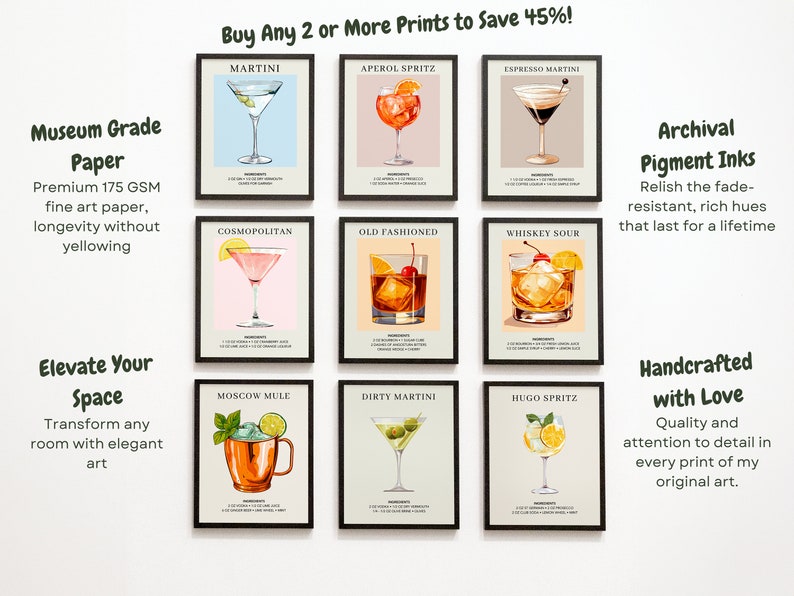 May include: Nine illustrated cocktail recipe prints in black frames on a white wall. Each print features a different cocktail with its name and ingredients listed below. The prints are available for purchase with a discount for buying two or more.