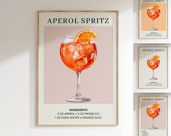 Aperol Spritz Art Print | Bar Cart Decor Cocktail Poster | Party Signature Drink Sign | Trendy Wall | Minimalist Elegant Sophisticated Retro