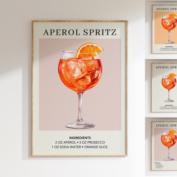 Aperol Spritz Art Print | Bar Cart Decor Cocktail Poster | Party Signature Drink Sign | Trendy Wall | Minimalist Elegant Sophisticated Retro