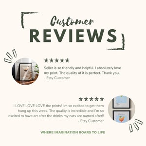 May include: Two customer reviews with five-star ratings for art prints. The first review says "Seller is so friendly and helpful. I absolutely love my print. The quality of it is perfect. Thank you. - Etsy Customer". The second review says "I LOVE LOVE LOVE the prints! I'm so excited to get them hung up this week. The quality is incredible and I'm so excited to have art after the drinks my cats are named after!! - Etsy Customer". The text "WHERE IMAGINATION ROARS TO LIFE" is at the bottom of the image.