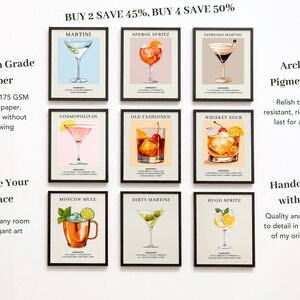 May include: Nine framed illustrations of classic cocktails, including a martini, Aperol spritz, espresso martini, cosmopolitan, old fashioned, whiskey sour, Moscow mule, dirty martini, and Hugo spritz. The prints are on museum-grade paper with archival pigment inks.  Buy 2 save 45%, buy 4 save 50%.