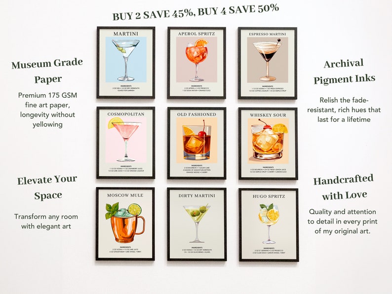 May include: Nine framed illustrations of classic cocktails, including a martini, Aperol spritz, espresso martini, cosmopolitan, old fashioned, whiskey sour, Moscow mule, dirty martini, and Hugo spritz. The prints are on museum-grade paper with archival pigment inks.  Buy 2 save 45%, buy 4 save 50%.