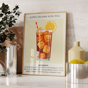 May include: A framed poster with a vintage illustration of a Long Island Iced Tea cocktail. The poster has a beige background with brown text that reads "Long Island Iced Tea" and "Ingredients". The ingredients are listed below the illustration. The cocktail is in a tall glass with ice cubes, a lemon wedge, and a red and white striped straw.