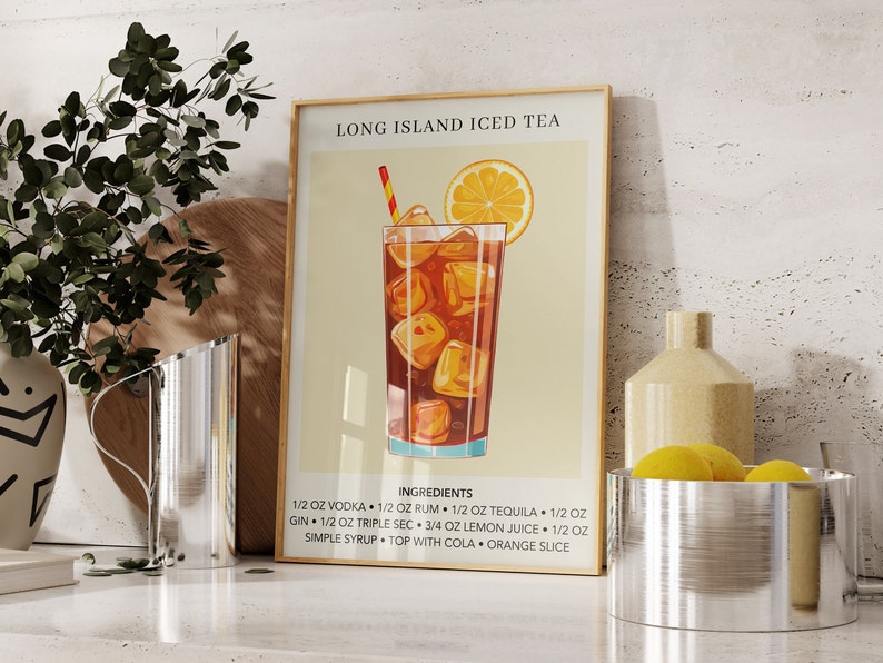 May include: A framed poster with a vintage illustration of a Long Island Iced Tea cocktail. The poster has a beige background with brown text that reads "Long Island Iced Tea" and "Ingredients". The ingredients are listed below the illustration. The cocktail is in a tall glass with ice cubes, a lemon wedge, and a red and white striped straw.