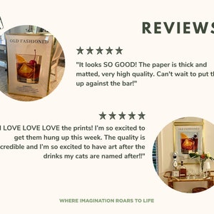 May include: Two framed prints of an illustration of an "Old Fashioned" cocktail. The prints are displayed in a home setting. The text "Where Imagination Roars to Life" is at the bottom of the image.